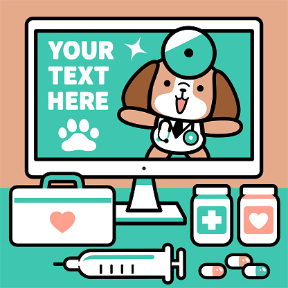 A cute dog doctor with a stethoscope is talking on a computer monitor, there are capsules, a syringe, a first aid kit, and pill bottles on the desk