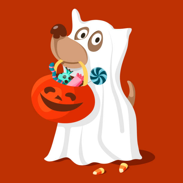 ilustraciones, imágenes clip art, dibujos animados e iconos de stock de perro lindo en un traje de fantasma - candy canes