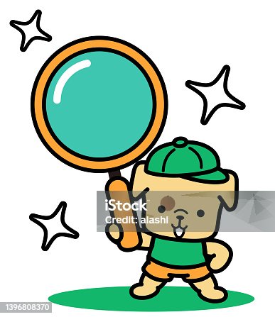 istock A cute dog wearing a baseball cap holds a big magnifying glass and stands with one hand on his hip 1396808370