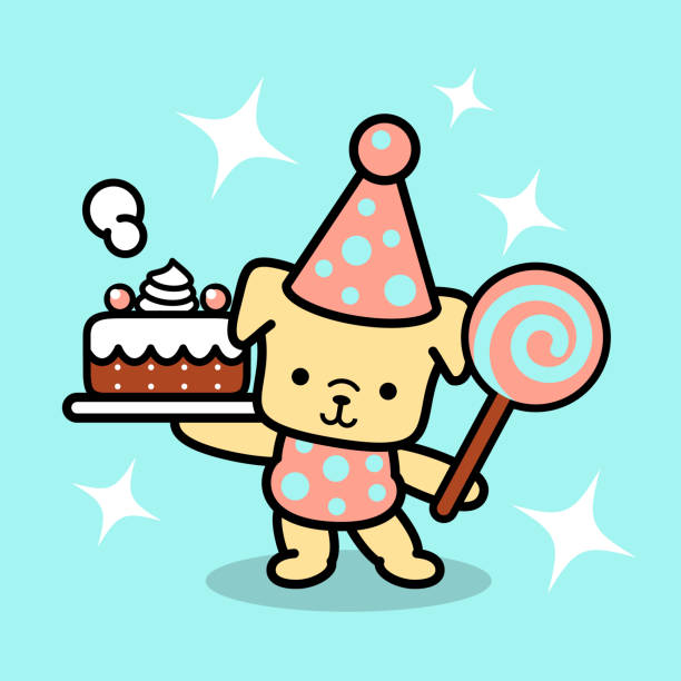 A cute dog wearing a party hat and carrying a cake and a lollipop in color pastel tones vector art illustration