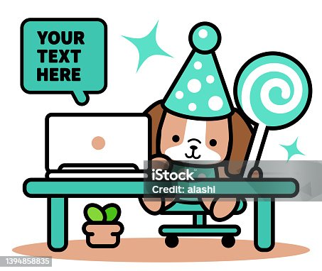 istock A cute dog wearing a party hat and holding a lollipop is sitting at a desk using a laptop and typing 1394858835