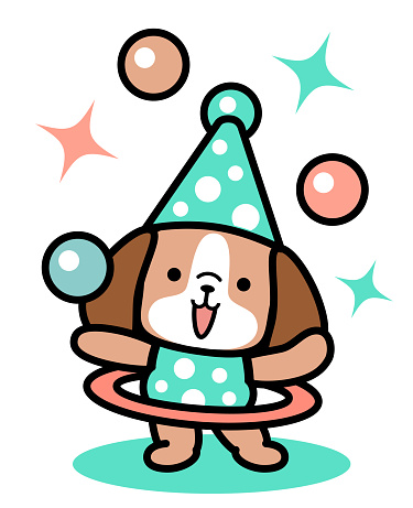 A cute dog wearing a party hat and juggling balls and hooping