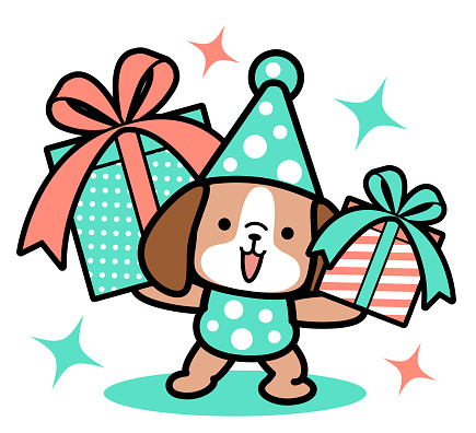 A cute dog wearing a party hat standing and holding gift boxes