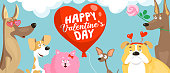 Cute dogs of different breeds in funny valentine costumes on the background of a large red balloon. Happy valentines day cartoon vector card or banner