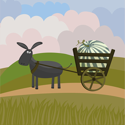 A cute donkey is carrying a cart with a watermelon. The donkey stands on the field. Harvesting. Vector flat illustration.