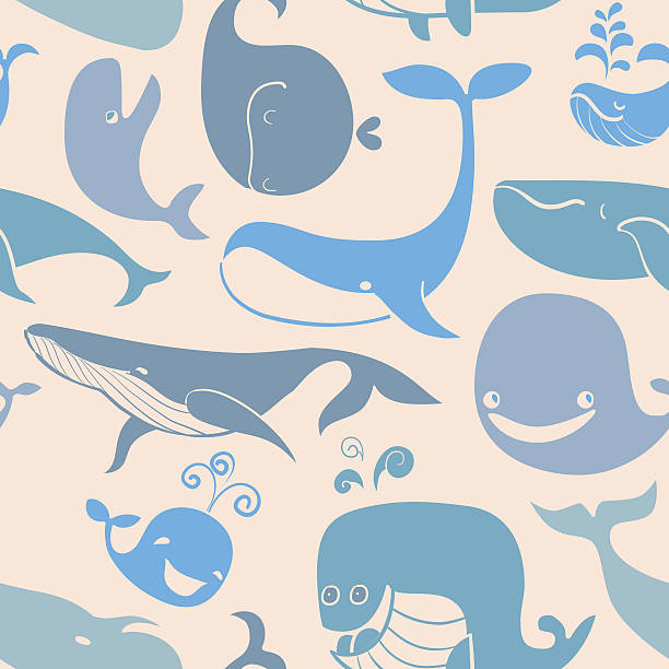 Cute doodle Blue Whales. Marine seamless background. Seamless pattern can be used for wallpaper, pattern fills, web page background, surface textures printable of fish drawing stock illustrations