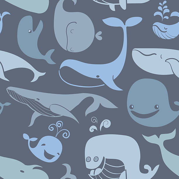 Cute doodle Blue Whales. Marine seamless background. Seamless pattern can be used for wallpaper, pattern fills, web page background, surface textures printable of fish drawing stock illustrations