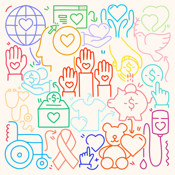 симпатичные doodle иллюстрация с благотворительностью и пожертвование рука обращается красочные символы. - giving tuesday stock illustrations