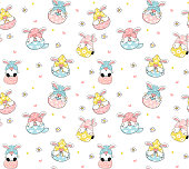 cute easter bunny gnome pastel in egg pattern seamless background, cartoon drawing vector