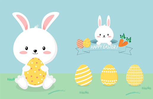 Cute Easter Bunny rabbit and colorful Easter Egg