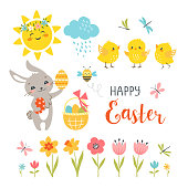 Cute Easter bunny, chicks, spring flowers, butterflies, dragonflies, bee, sun, cloud and hand drawn text isolated on white background.