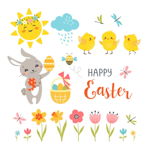 Cute Easter design elements Cute Easter bunny, chicks, spring flowers, butterflies, dragonflies, bee, sun, cloud and hand drawn text isolated on white background. baby chicken stock illustrations
