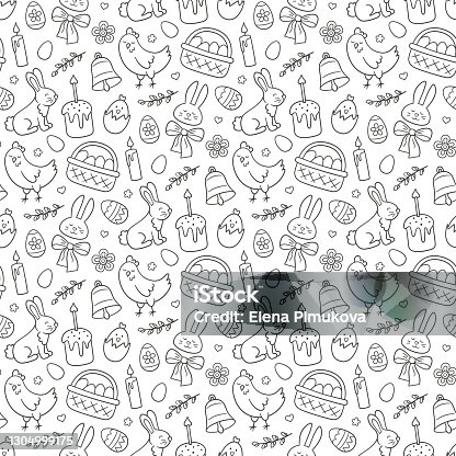 istock Cute Easter doodle seamless pattern with bunny, basket, easter eggs, cakes, chicken, willow twigs and candles. Vector hand drawn illustration 1304999175
