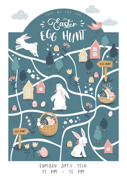 Cute Easter Egg hunt design for children, hand drawn with cute bunnies, eggs and decorations - great for party invitations, banners, wallpapers - vector Cute Easter Egg hunt design for children, hand drawn with cute bunnies, eggs and decorations - great for party invitations, banners, wallpapers - vector easter sunday stock illustrations