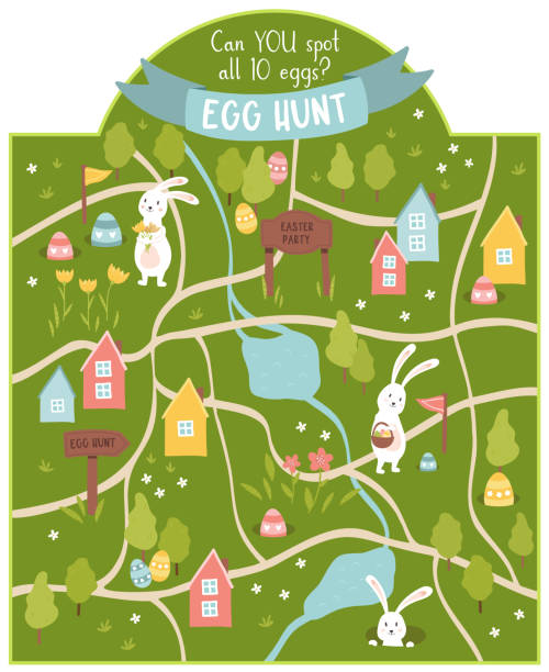 Cute Easter Egg hunt design, map for children, hand drawn with cute bunnies, eggs and decorations - great for invitations, banners, wallpapers - vector Cute Easter Egg hunt design, map for children, hand drawn with cute bunnies, eggs and decorations - great for invitations, banners, wallpapers - vector easter sunday stock illustrations