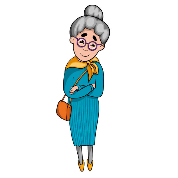 cute elderly woman. grandmother in a blue dress on a white background cute elderly woman. grandmother in a blue dress on a white background cartoon of a wrinkled old lady stock illustrations