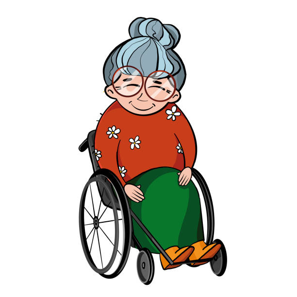cute elderly woman in a wheelchair. Grandmother in a yellow sweater in a flower on a white background. cute elderly woman in a wheelchair. Grandmother in a yellow sweater in a flower on a white background. cartoon of a wrinkled old lady stock illustrations