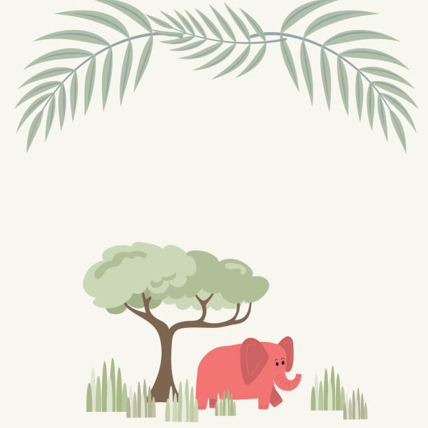 Pastel nursery safari animal with tropical plants. Flat color with grouped elements for easier editing.