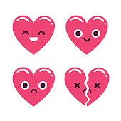 Cute cartoon emoticon hearts set, happy and sad and broken. Modern flat style vector heart illustration.