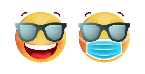Cute Emoticon with Face Mask and Sunglasses on White Background. Isolated Vector Illustration Isolated Vector Elements cartoon sun with sunglasses stock illustrations
