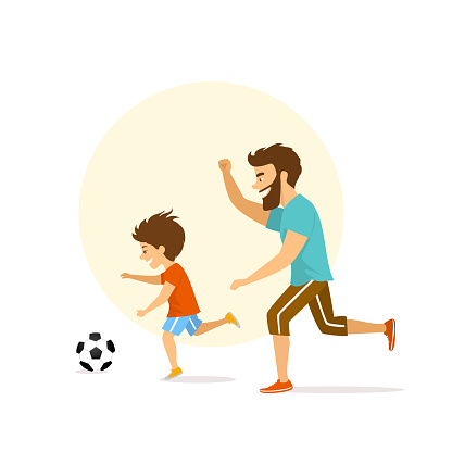 cute excited cheerful active family, man and boy, father and son playing soccer, having fun together