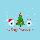 Cute eye with christmas tree on ophthalmology greeting card. Winter eyeball emoji in santa hat and with star Merry Christmas photo props. Flat design cartoon style xmas vector illustration.