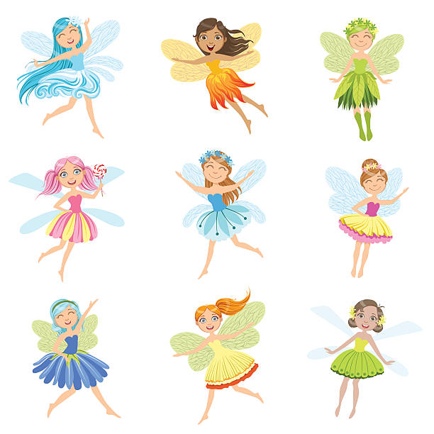 ilustraciones, imágenes clip art, dibujos animados e iconos de stock de lindas hadas en bonitos vestidos girly dibujos animados colección de personajes - fairy