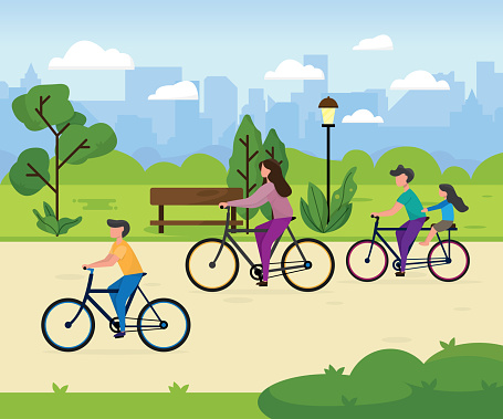 Cute family riding bicycles. Mom, dad and children on bikes at park. Parents and kids cycling together. Sports and leisure outdoor activity. Colorful vector illustration in flat cartoon style.