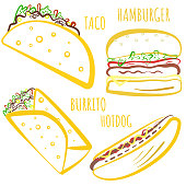 Cute fast food symbols with colored outline. Cartoon linear fastfood including hamburger, tacos, burrito, hot dog for fast food restaurant or cafe menu, advertisement, banners, stickers, logo design