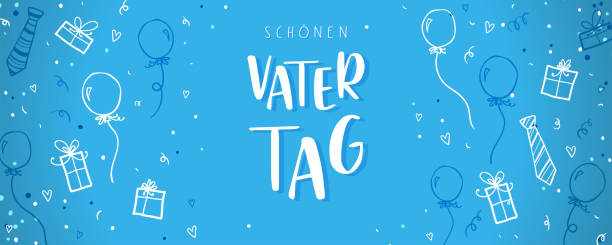 Cute Father's Day design in german language saying "Happy Father's Day", hand drawn doodles, gift boxes, balloons, confetti - great for banners, wallpapers, cards, image covers - vector design Cute Father's Day design in german language saying "Happy Father's Day", hand drawn doodles, gift boxes, balloons, confetti - great for banners, wallpapers, cards, image covers - vector design fathers day stock illustrations