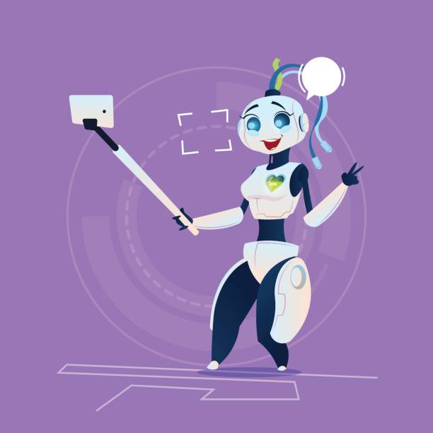 Cute Female Robot Take Selfie Photo Smiling Modern Artificial Intelligence Technology Concept Cute Female Robot With Chat Bubble Happy Smiling Modern Artificial Intelligence Technology Concept Flat Vector Illustration sweet little models pictures stock illustrations