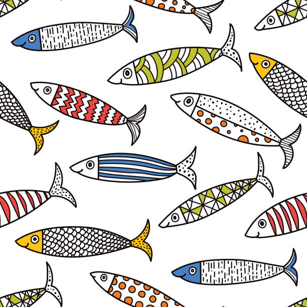 Cute fish.  Kids background. Seamless pattern. Can be used in textile industry, paper, background, scrapbooking. stylized underwater nature set of icons stock illustrations