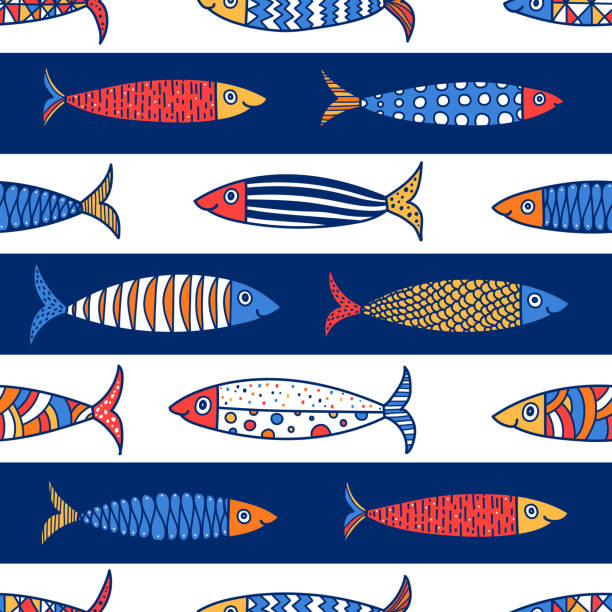Cute fish.  Kids lbackground. Seamless pattern. Can be used in textile industry, paper, background, scrapbooking. stylized underwater nature set of icons stock illustrations