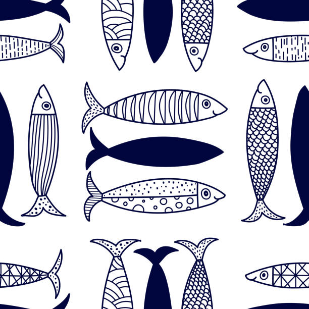 Cute fish.  Set. Kids lackground. Seamless pattern. Can be used in textile industry, paper, background, scrapbooking. stylized underwater nature set of icons stock illustrations