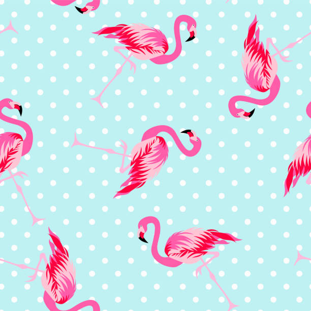stockillustraties, clipart, cartoons en iconen met schattig flamingo naadloze patroon met polka dot achtergrond - flamingo