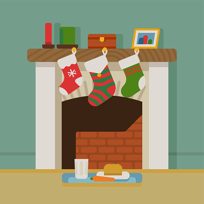 Cute flat style illustration on winter holidays scene with decorated fireplace