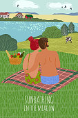 Cute flat vector vertical illustration with a guy and a girl,sunbathing on the nature. Couple sitting on the bedspread, dog and foodbasket on a picnic against the background of the rural landscape. back view