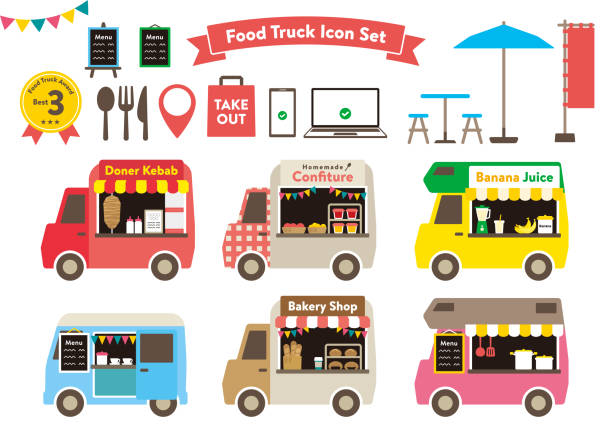 ilustraciones, imágenes clip art, dibujos animados e iconos de stock de lindo juego de ilustración de camiones de comida. "colorido" - food truck