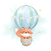 Cute foxy flying on big air balloon. Adorable fox cartoon character. Stock vector illustration