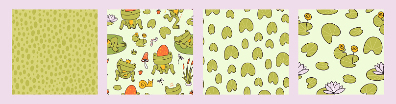 Cute frog seamless pattern collection. Sweet doodle toads with water lilies, dragonflies and lily pads.