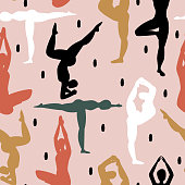 istock cute funny abstract seamless vector pattern design with colorful asana yoga poses silhouettes and black confetti on pink background healthy lifestyle concept illustration 1372721253