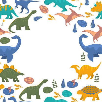 ✓ Imagen de Lindo divertido borde de dinosaurio colorido para la tarjeta de  invitación de los niños con rex, raptor y pterodactyl. Fondo de dino floral  aislado vectorial para estampado o marco