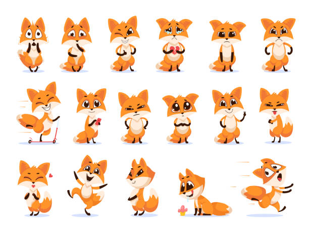 Cute funny emotional fox set Cute funny emotional fox set. Cute red little fox smiling, crying, dancing, running away, getting angry, surprised, upset, scared. Vector illustration for cartoon animal, different emotions concept fox stock illustrations