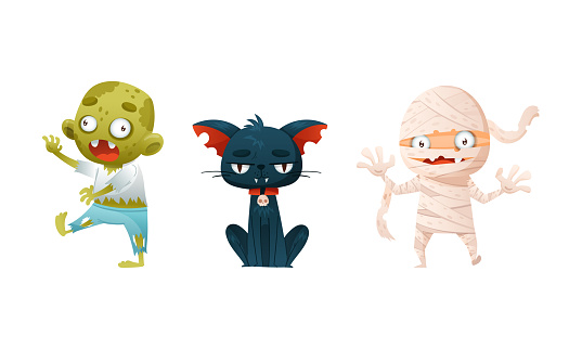 Cute funny Halloween characters set. Mummy, vampire cat and zombie cartoon vector illustration