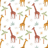 istock Cute funny safary seamless vector pattern with giraffes and palms. Infantile style nursery Art with giraffes ideal for Fabric, Textile. Hand drawn modern illustration in Boho colors. 1304017109
