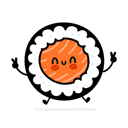 Cute funny sushi roll character jump. Vector flat cartoon kawaii character illustration icon. Isolated on white background. Sushi roll,maki,asian food cartoon character concept