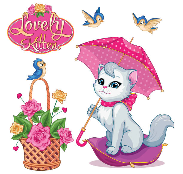 Cute funny white cat with umbrella. Set with animal, birds, flower basket. Decorative style toy, doll. Wonderland Magic, fabulous story. Isolated children's cartoon illustration, for stickers. Vector Cute funny white cat with umbrella.
Set with animal, birds, flower basket. Decorative style toy, doll. Wonderland Magic, fabulous story. Isolated children's cartoon illustration, for stickers. Vector. butterfly fairy flower white background stock illustrations