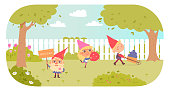 istock Cute garden gnomes on backyard lawn, characters carry strawberry, work with wheelbarrow 1397567497