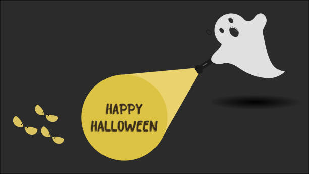 Cute ghost character just found the Happy Halloween message with his flashlight. Vector illustration. vector art illustration