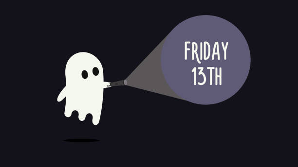 Cute ghost with his flashlight pointing towards Friday 13th. Vector Background illustration for friday 13 superstition day vector eps10 friday the 13th stock illustrations